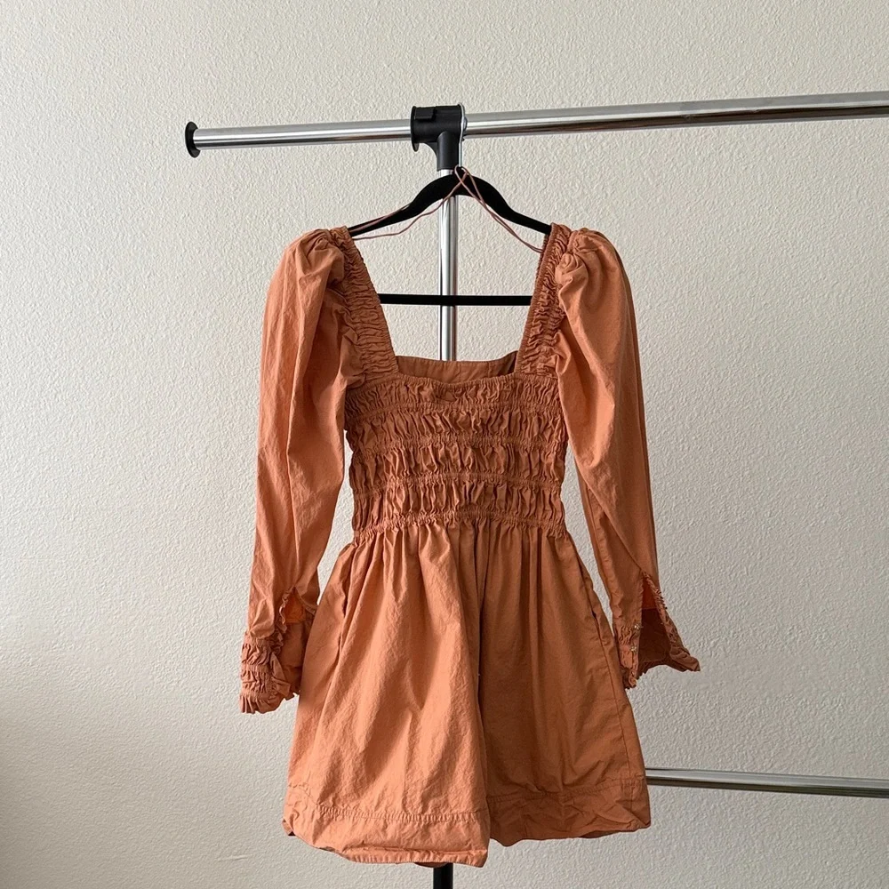 Magali Pascal Dress Smocked Orange Long Sleeve Mini Dress Puff Shoulders Size S - Picture 6 of 7